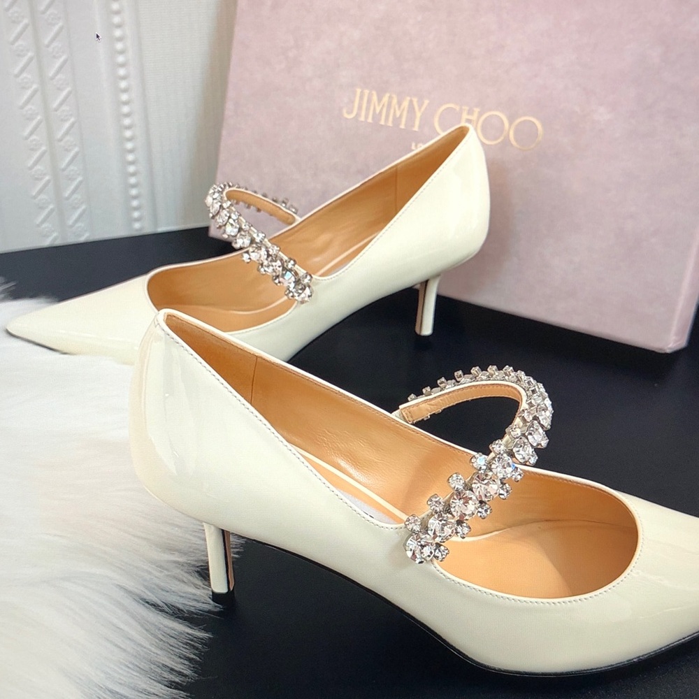Jimmy Choo Off-White Bing Pumps 85 Heels with Crystal Strap - Picture 8 of 9